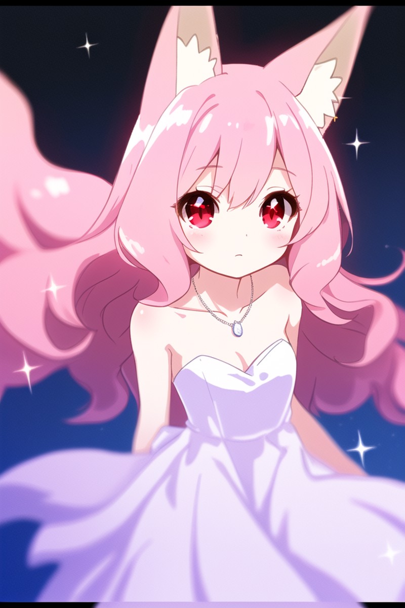 Fox ears,Pink hair,1 Loli,sparkle Red eyes,Long hair,white chiffon strapless dress,wavy_hair,necklace,cinematic angle,glow...
